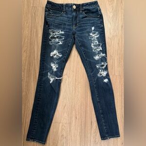 American Eagle X4 Super Stretch Jeans Med Wash Denim Distressed Front & Back 6